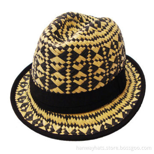 Hand Woven Ethnic Pattern Paper Straw Fedora Hat, Grosgrain Band with Cross Piece